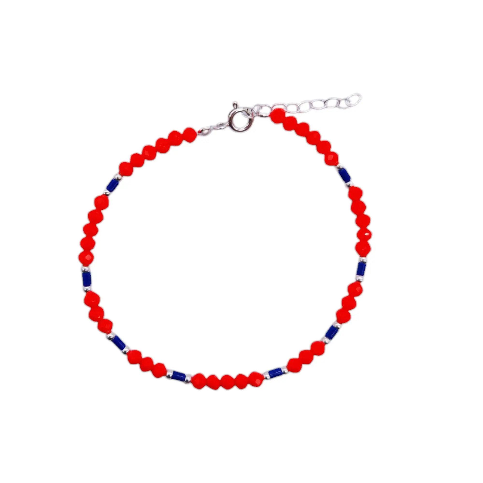 PULSERA CRISTALES ROJO TUBOS AZUL / PLATA