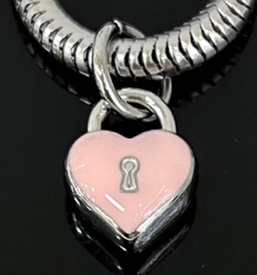 DIJE CHARM CORAZÓN ESMALTE ROSA CANDADO / ACERO 