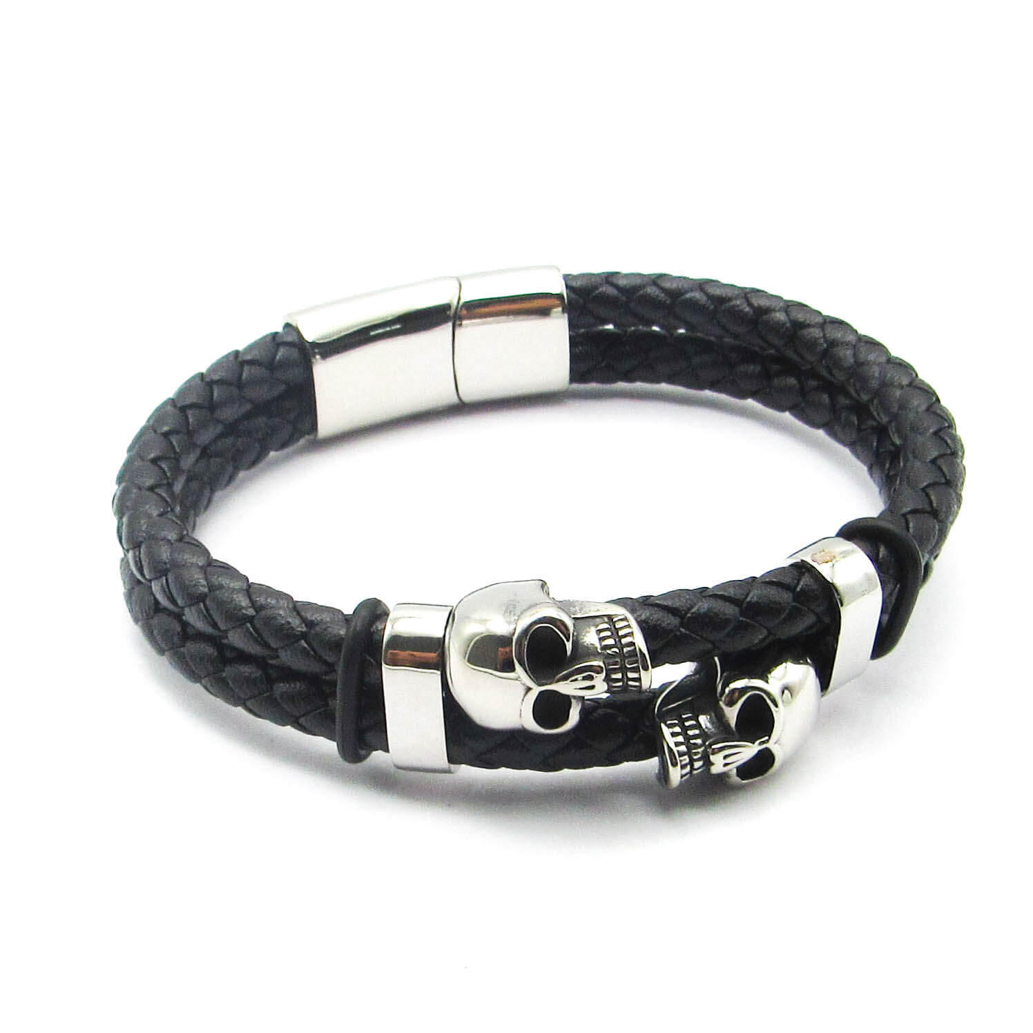 PULSERA SIMIL CUERO CALAVERAS /ACERO 