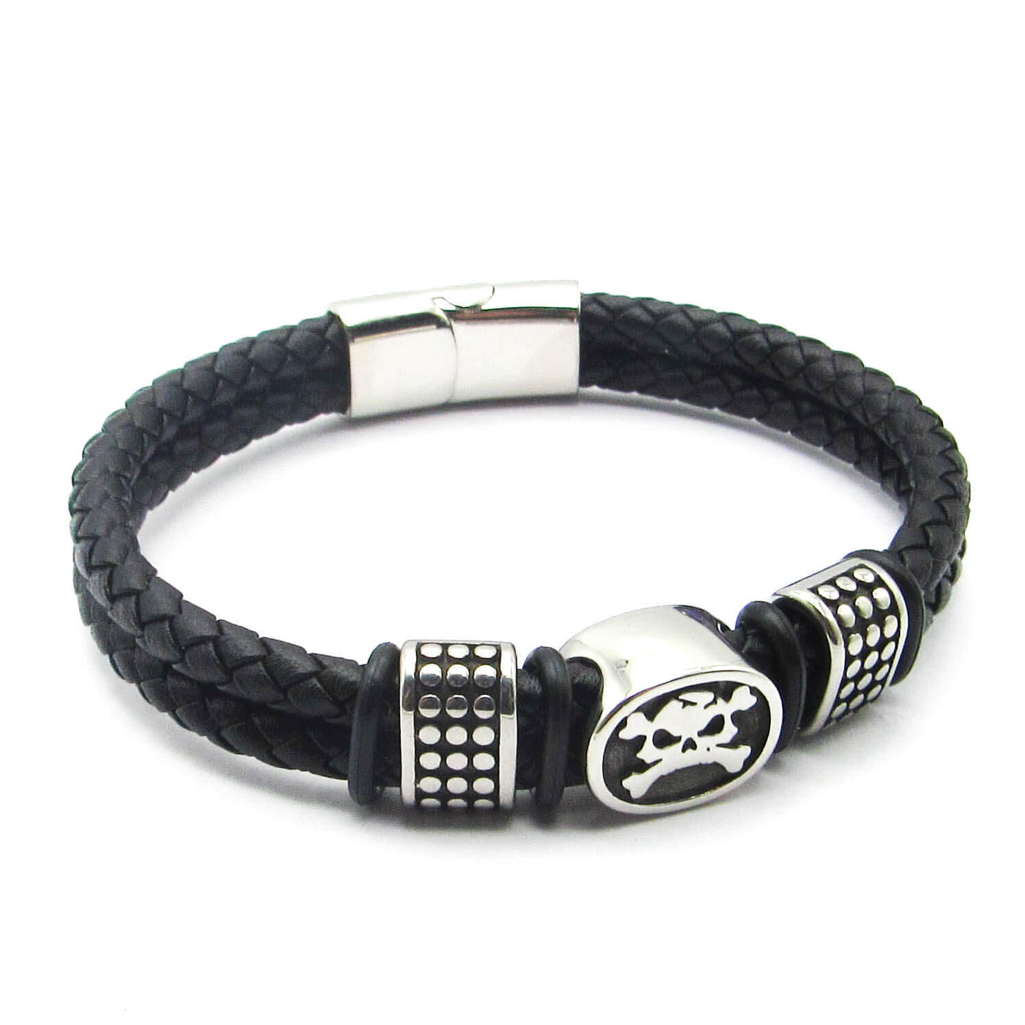 PULSERA DOBLE SIMILCUERO CENTROS CALAVERA /ACERO