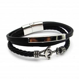 PULSERA DOBLE SIMIL CUERO CENTRO ANCLA / ACERO