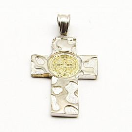 DIJE CRUZ RELIEVE SAN BENITO 25x35MM /PLATA Y ORO