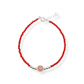 PULSERA CRISTALES ROJA BOLITAS CORAZÓN / PLATA