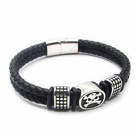 PULSERA DOBLE SIMILCUERO CENTROS CALAVERA /ACERO